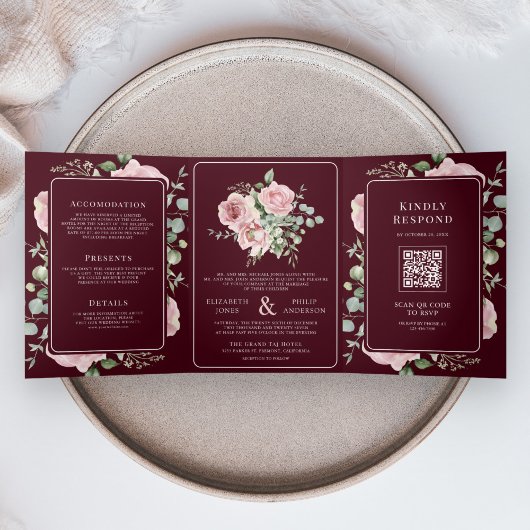 Blush Pink Floral Eucalyptus Burgundy Wedding 三つ折り招待状