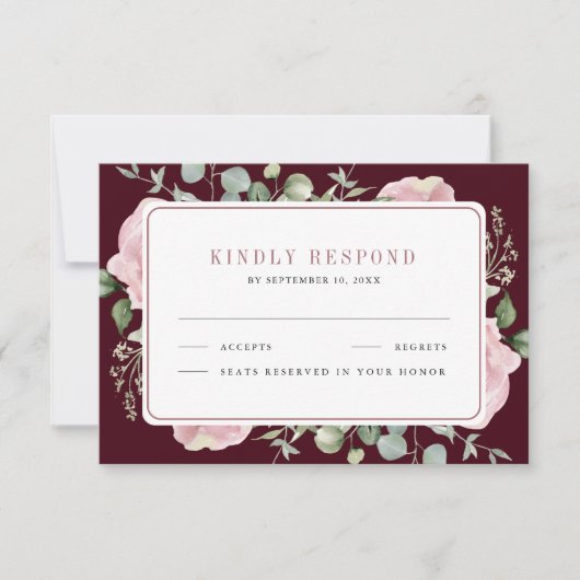 Blush Pink Floral Eucalyptus Burgundy Wedding 出欠カード (正面)