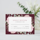 Blush Pink Floral Eucalyptus Burgundy Wedding 出欠カード (スタンド正面)