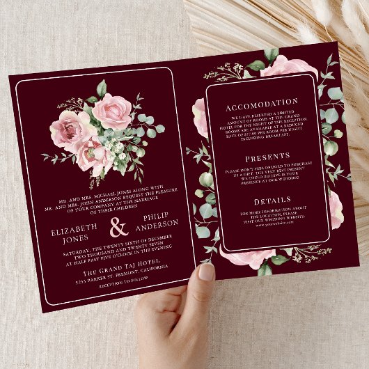 Blush Pink Floral Eucalyptus Burgundy Wedding 招待状