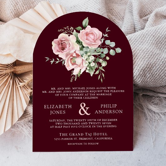 Blush Pink Floral Eucalyptus Burgundy Wedding 招待状
