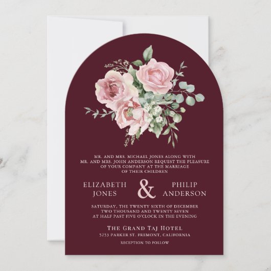 Blush Pink Floral Eucalyptus Burgundy Wedding 招待状 (正面)