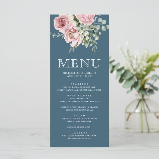 Blush Pink Floral Eucalyptus Dusty Blue Wedding メニュー (スタンド正面)