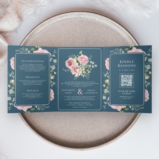 Blush Pink Floral Eucalyptus Dusty Blue Wedding 三つ折り招待状