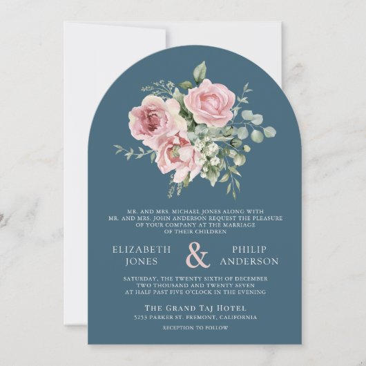 Blush Pink Floral Eucalyptus Dusty Blue Wedding 招待状 (正面)