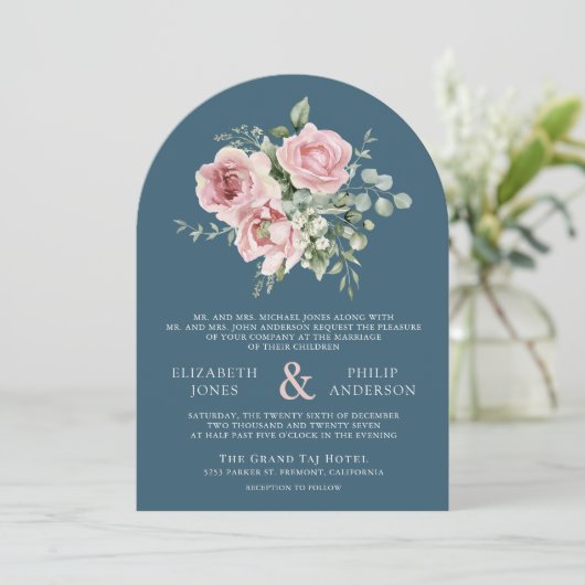 Blush Pink Floral Eucalyptus Dusty Blue Wedding 招待状 (スタンド正面)