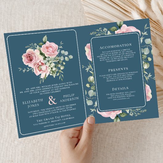 Blush Pink Floral Eucalyptus Dusty Blue Wedding 招待状