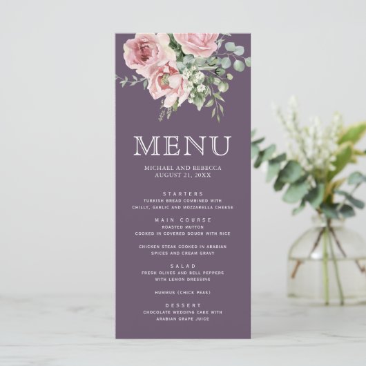Blush Pink Floral Eucalyptus Dusty Purple Wedding メニュー (スタンド正面)