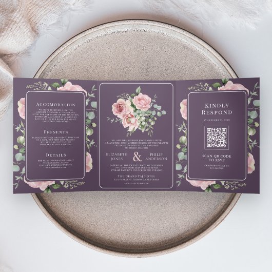 Blush Pink Floral Eucalyptus Dusty Purple Wedding 三つ折り招待状