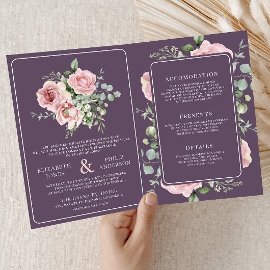 Blush Pink Floral Eucalyptus Dusty Purple Wedding 招待状