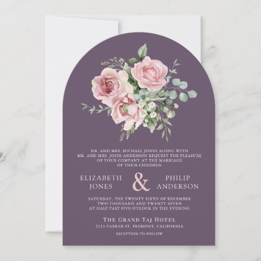 Blush Pink Floral Eucalyptus Dusty Purple Wedding 招待状 (正面)