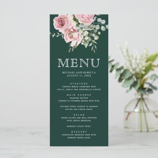 Blush Pink Floral Eucalyptus Emerald Green Wedding メニュー (スタンド正面)