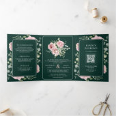 Blush Pink Floral Eucalyptus Emerald Green Wedding 三つ折り招待状 (内部)
