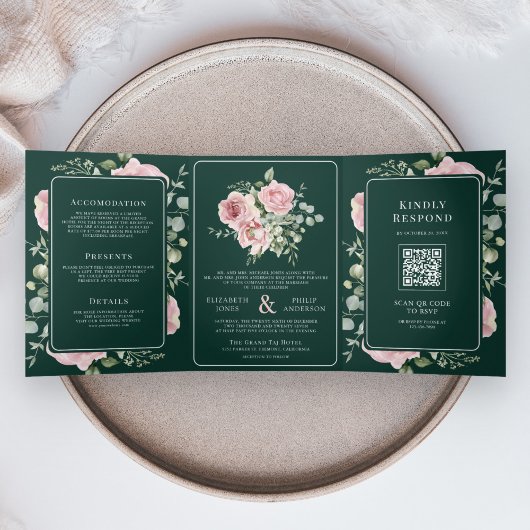 Blush Pink Floral Eucalyptus Emerald Green Wedding 三つ折り招待状