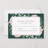 Blush Pink Floral Eucalyptus Emerald Green Wedding 出欠カード (正面)