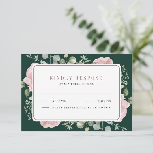 Blush Pink Floral Eucalyptus Emerald Green Wedding 出欠カード (スタンド正面)