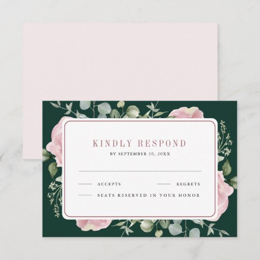 Blush Pink Floral Eucalyptus Emerald Green Wedding 出欠カード (正面/裏面)