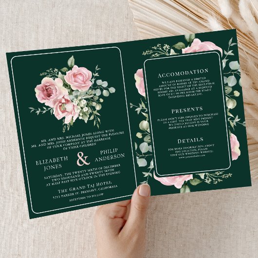 Blush Pink Floral Eucalyptus Emerald Green Wedding 招待状