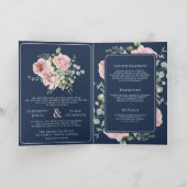 Blush Pink Floral Eucalyptus Navy Blue Wedding 招待状 (内部)