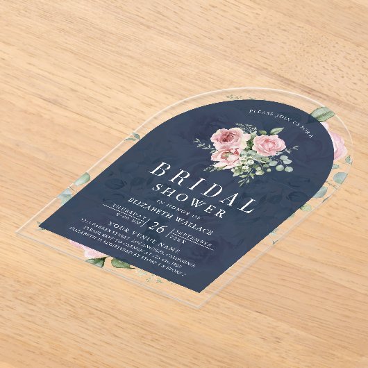 Blush Pink Floral Eucalyptus Navy Bridal Shower アクリル招待状 (レイダウン)