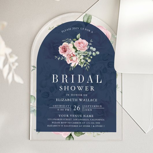Blush Pink Floral Eucalyptus Navy Bridal Shower アクリル招待状