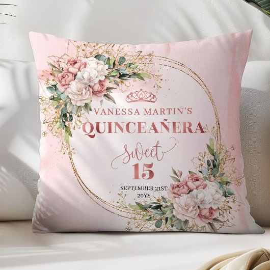 Blush Pink Floral Eucalyptus Quinceañera Keepsake  クッション
