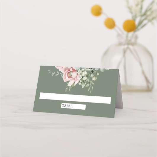Blush Pink Floral Eucalyptus Sage Green Wedding プレイスカード (正面)