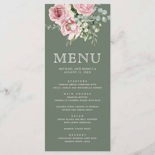 Blush Pink Floral Eucalyptus Sage Green Wedding メニュー (正面)