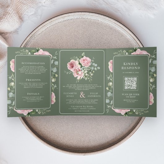 Blush Pink Floral Eucalyptus Sage Green Wedding 三つ折り招待状
