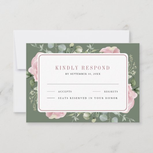 Blush Pink Floral Eucalyptus Sage Green Wedding 出欠カード (正面)