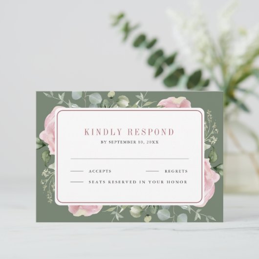 Blush Pink Floral Eucalyptus Sage Green Wedding 出欠カード (スタンド正面)