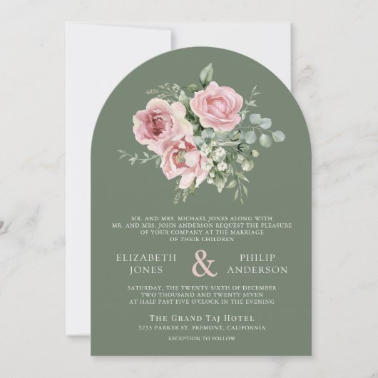 Blush Pink Floral Eucalyptus Sage Green Wedding 招待状 (正面)
