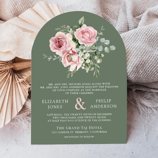 Blush Pink Floral Eucalyptus Sage Green Wedding 招待状