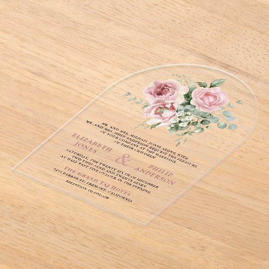 Blush Pink Floral Eucalyptus Wedding アクリル招待状 (レイダウン)