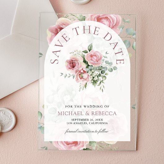 Blush Pink Floral Eucalyptus Wedding Save the Date アクリル招待状