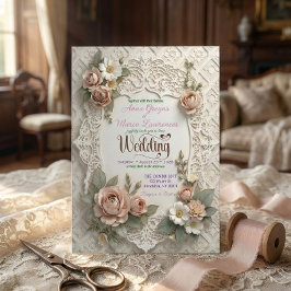 Blush Pink Floral Faux Laser Cut Lace Wedding  招待状