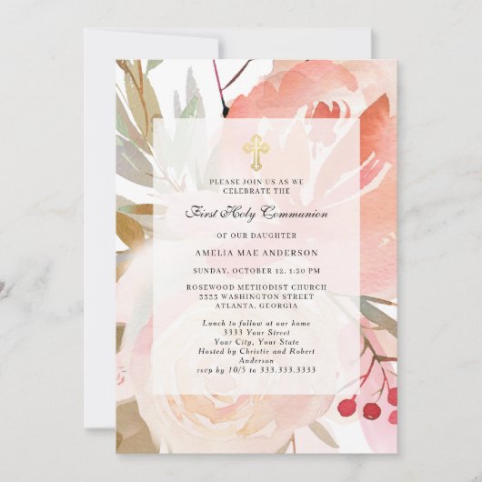 Blush Pink Floral First Holy Communion 招待状 (正面)