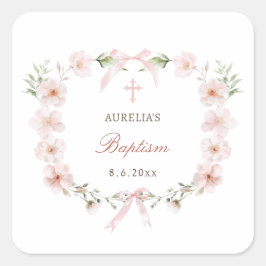 Blush Pink Floral Frame Baptism スクエアシール