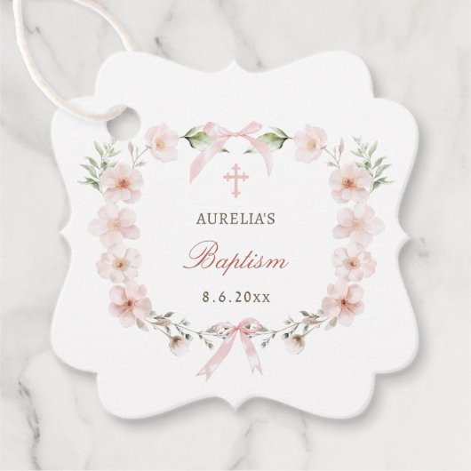 Blush Pink Floral Frame Baptism フェイバータグ (正面)
