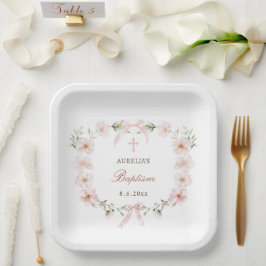 Blush Pink Floral Frame Baptism ペーパープレート