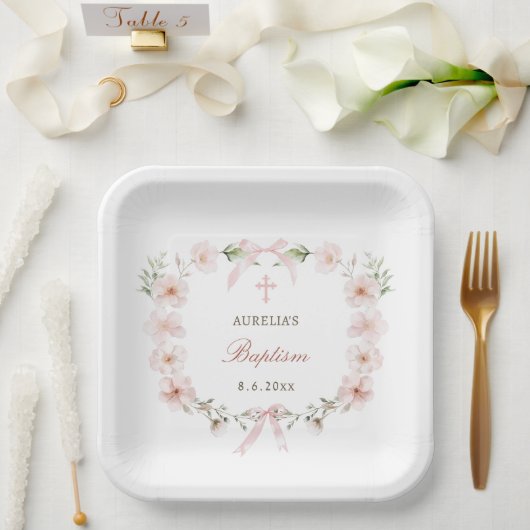 Blush Pink Floral Frame Baptism ペーパープレート (ウェディング)