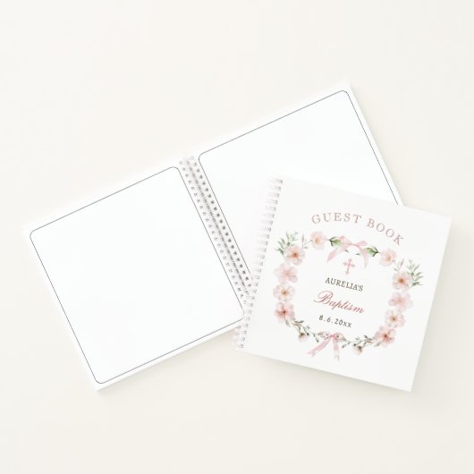Blush Pink Floral Frame Baptism Guest Book ノートブック (内部)