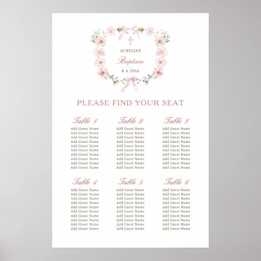 Blush Pink Floral Frame Baptism Seating Chart ポスター (正面)