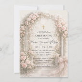 Blush Pink Floral Garden Bow Baptism Christening 招待状 (正面)