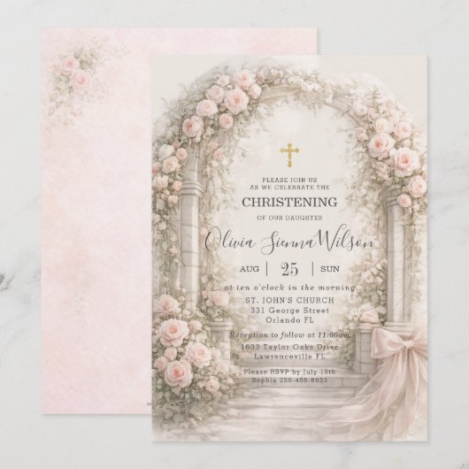 Blush Pink Floral Garden Bow Baptism Christening 招待状 (正面/裏面)