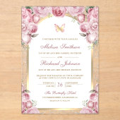 Blush Pink Floral Gold Arch Butterfly Wedding アクリル招待状 (正面)