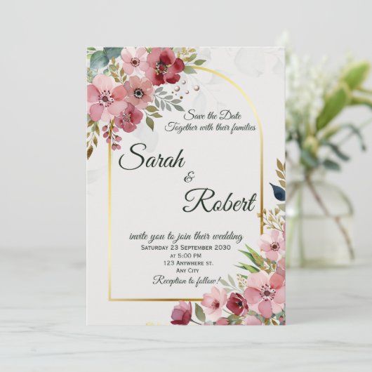 Blush Pink Floral Gold Arch Wedding Invitation 招待状 (スタンド正面)