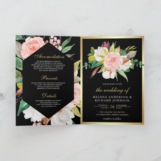 Blush Pink Floral Gold Black QR Code Wedding 招待状 (内部)