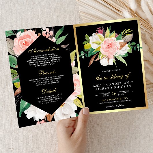 Blush Pink Floral Gold Black QR Code Wedding 招待状