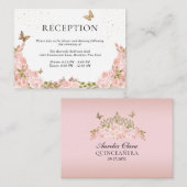 Blush Pink Floral Gold Butterfly Quinceanera エンクロージャーカード (正面/裏面)